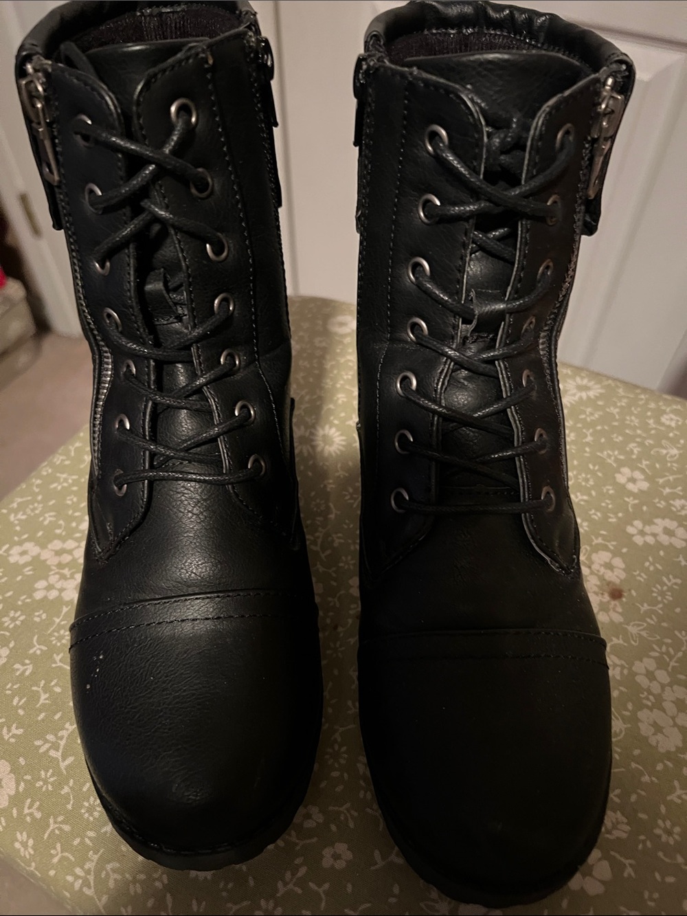 Global Win Black Lace-Up Moto Combat Boots with Side Zippers
